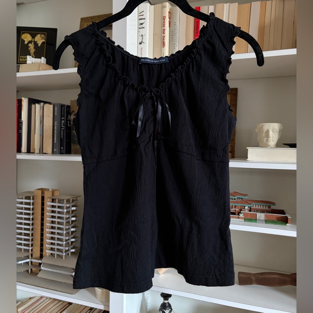 Brandy Melville Black Ruffle Bow Textured Tank Top